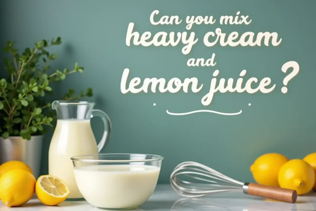 A vibrant kitchen counter featuring a bowl of heavy cream, a jug of lemon juice, fresh lemons, a whisk, and a cutting board. In the background, a chalkboard displays the question: "Can you mix heavy cream and lemon juice?