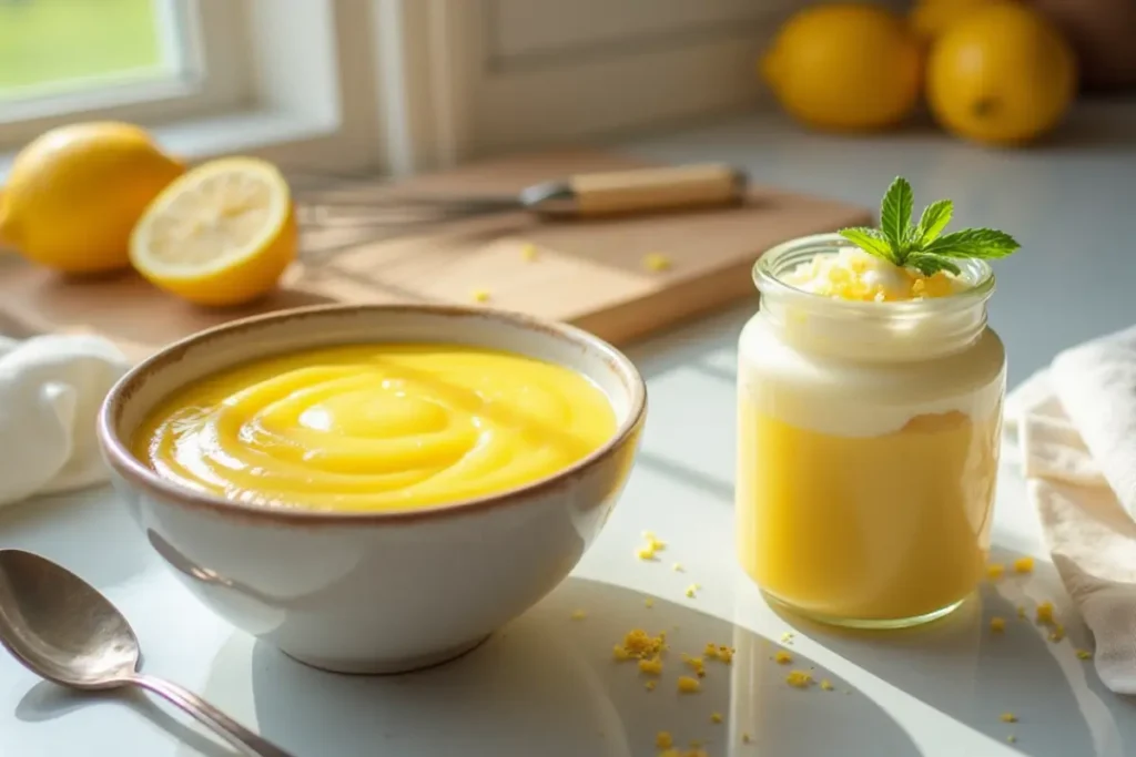 A vibrant and appetizing display of lemon curd and lemon cream on a kitchen countertop, featuring natural lighting and fresh lemons in the background.