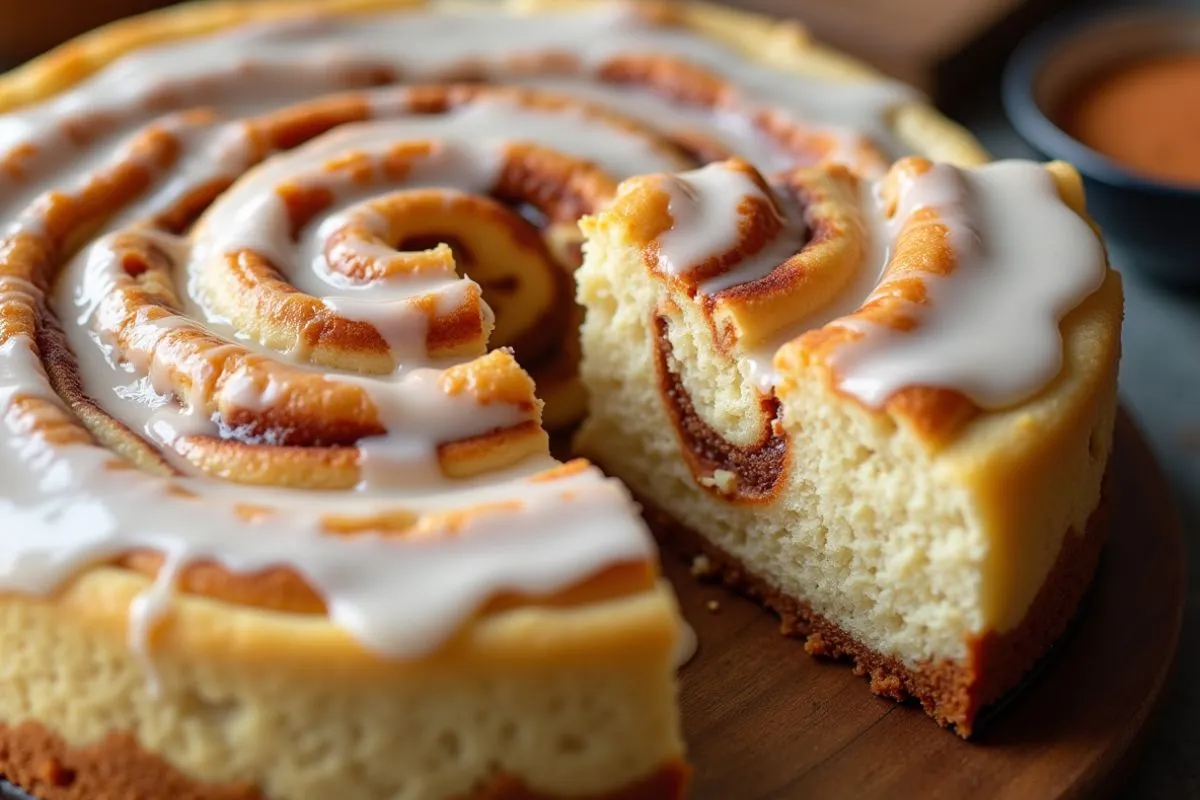 Cinnamon Roll Cheesecake with a slice removed, showing creamy interior and swirl.