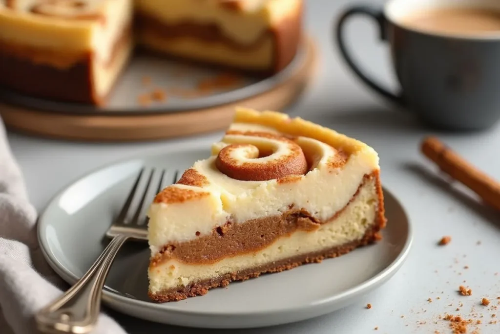 Slice of Cinnamon Roll Cheesecake on a plate with a coffee cup in the background.