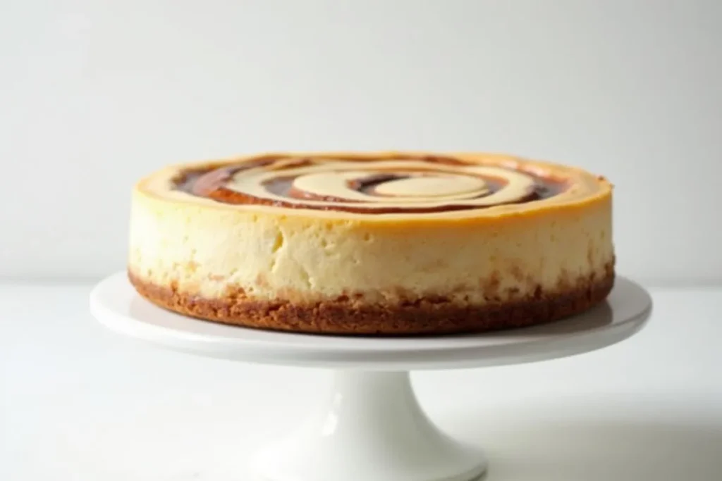 Full Cinnamon Roll Cheesecake on a white cake stand.