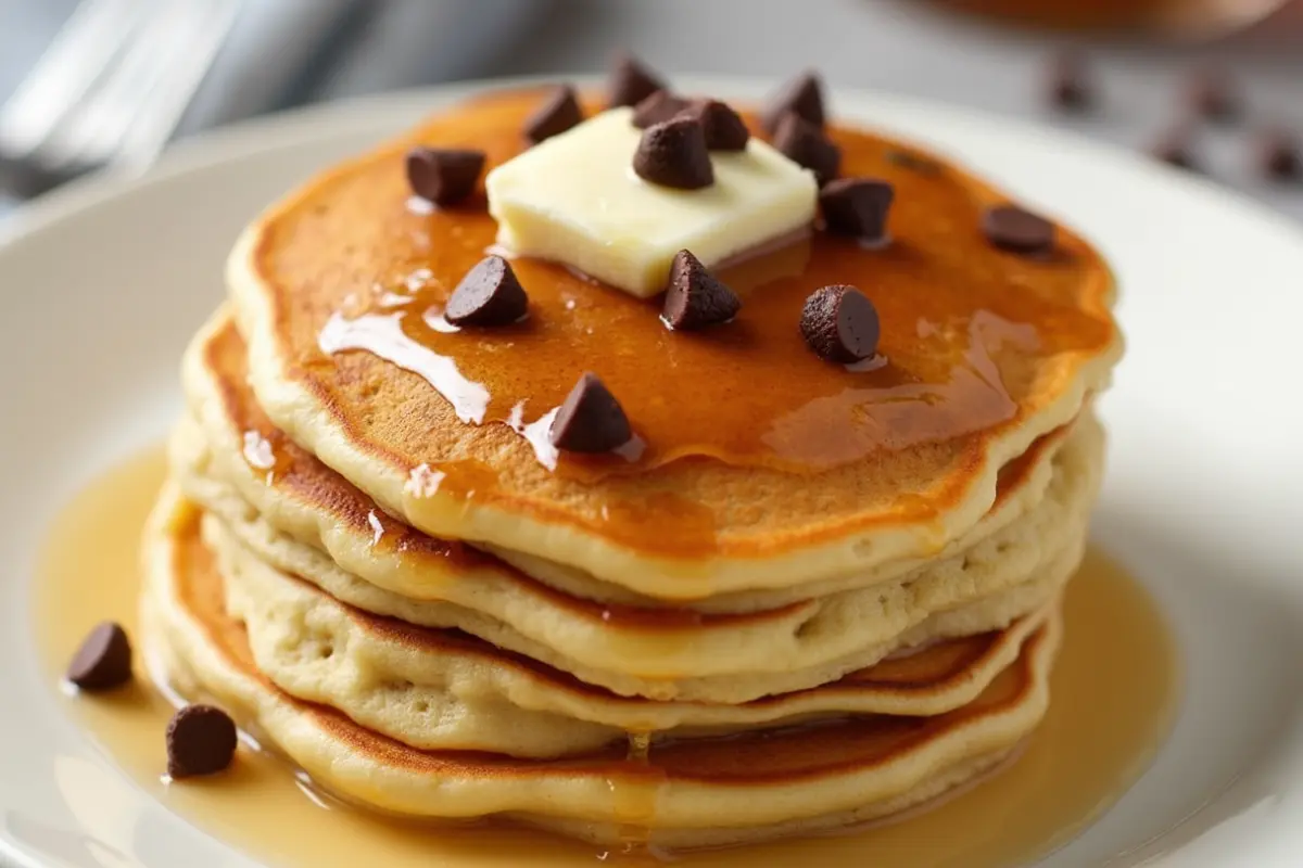 Stack of fluffy chocolate chip pancakes on a plate