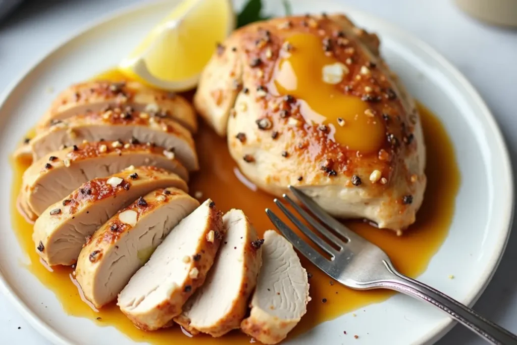 Perfect Chicken and Gravy: Sliced chicken breast with sauce and lemon