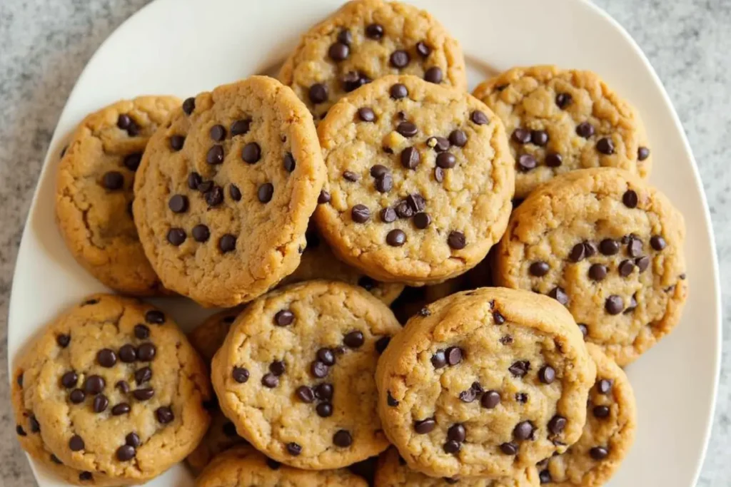 A stack of delicious banana bread cookies with a variety of toppings like nuts, chocolate and powdered sugar.