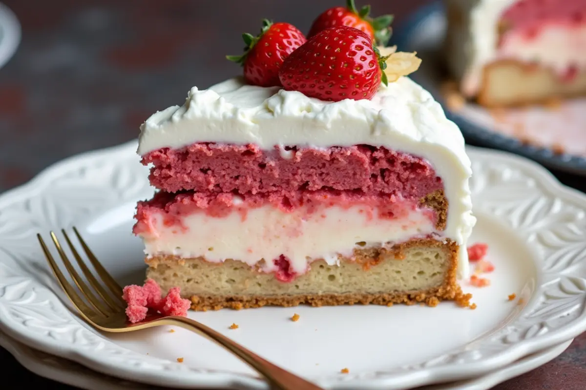 A slice of Strawberry Cheesecake Cake on a white plate, garnished with fresh strawberries and a gold fork.