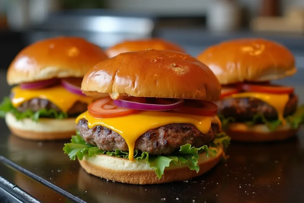 Delicious smash burgers being cooked on a Blackstone griddle