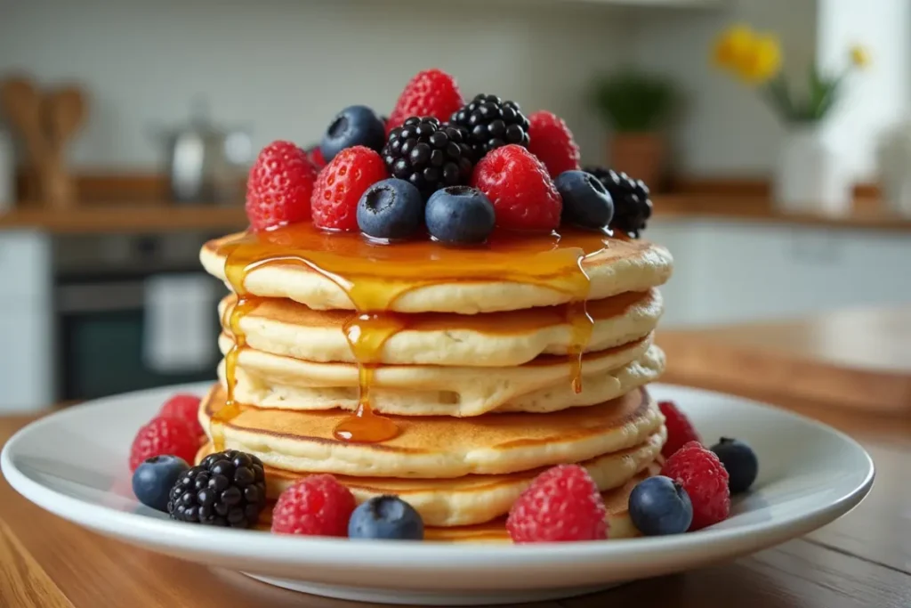 Fluffy buttermilk pancakes with fresh berries and honey