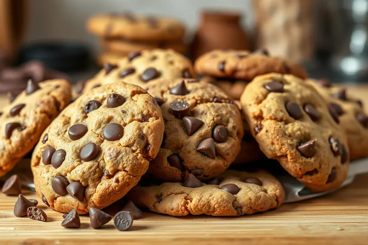 A close-up view of a fresh batch of delicious homemade chocolate chip cookies created from a simple chocolate chip cookie recipe.