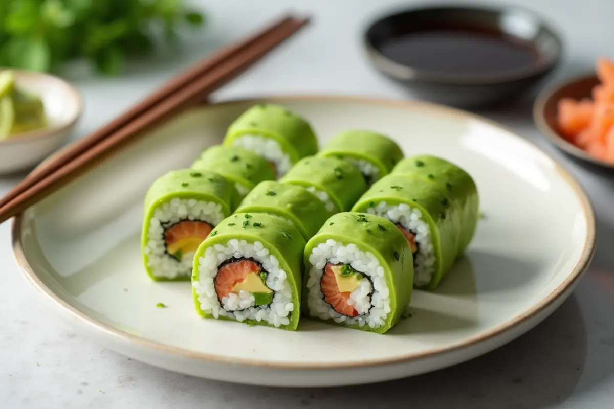 Freshly Made Avocado Maki Sushi with Soy Sauce and Ginger