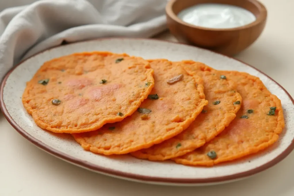 Freshly made sweet potato lefse on a wooden board.