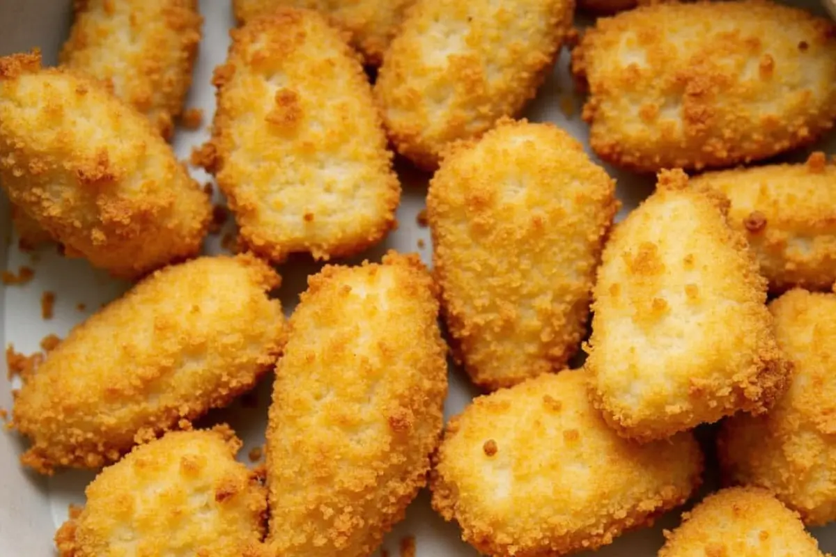 Crispy frozen catfish nuggets cooking in an air fryer.