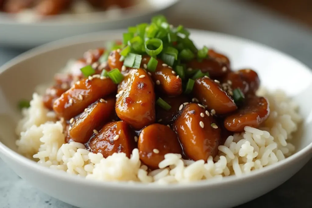 Gluten-Free Bourbon Chicken served over rice