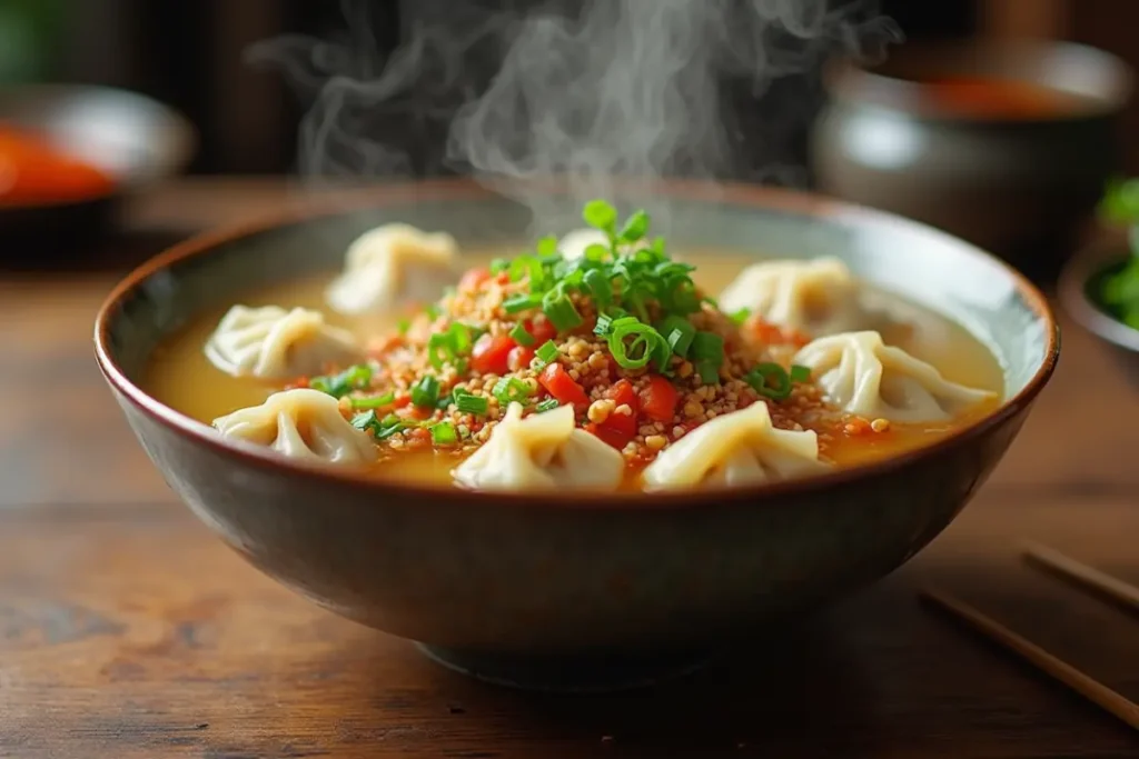 Steaming bowl of vegetarian dumpling soup with colorful toppings. Title: Vegetarian Dumpling Soup