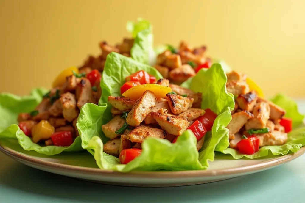 Pepper chicken salad served on lettuce cups