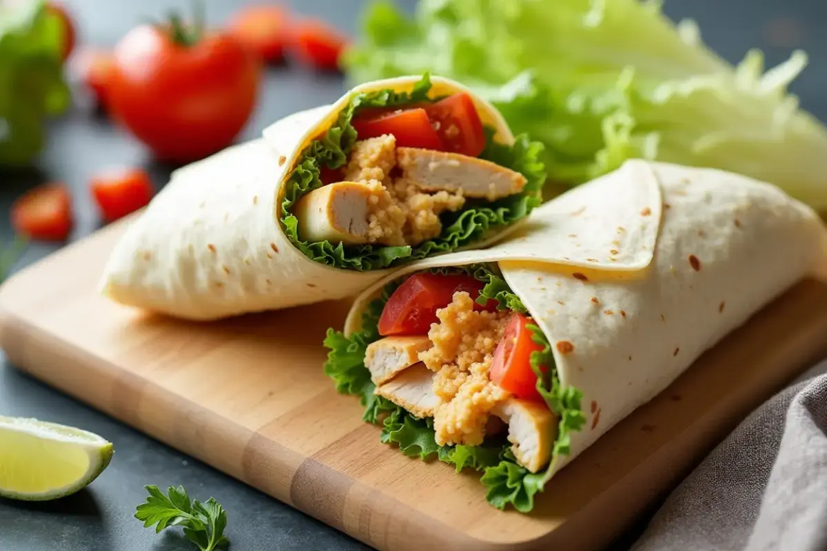 Creamy Chicken Wrap, cut in half, with fresh ingredients