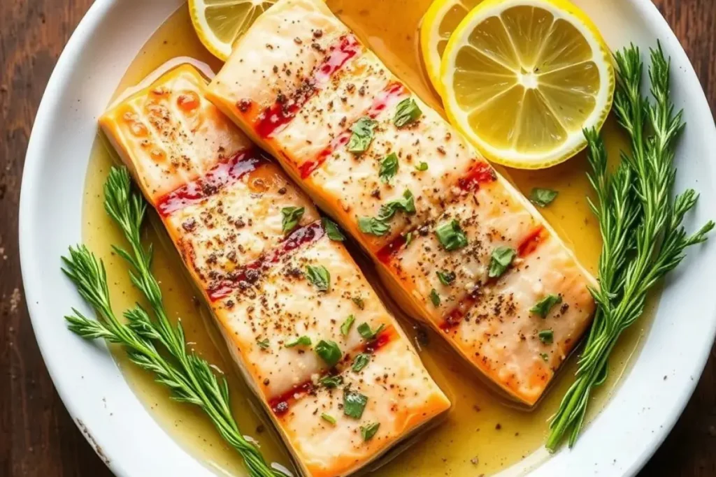 Greek Style Salmon Marinating in Lemon and Herbs