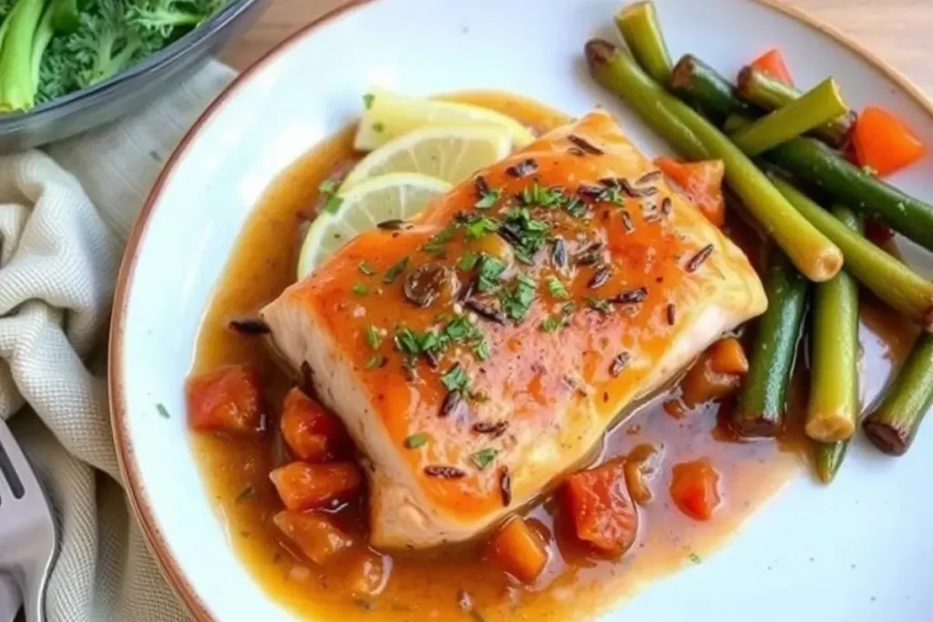 Stewed Salmon simmering in vegetable broth